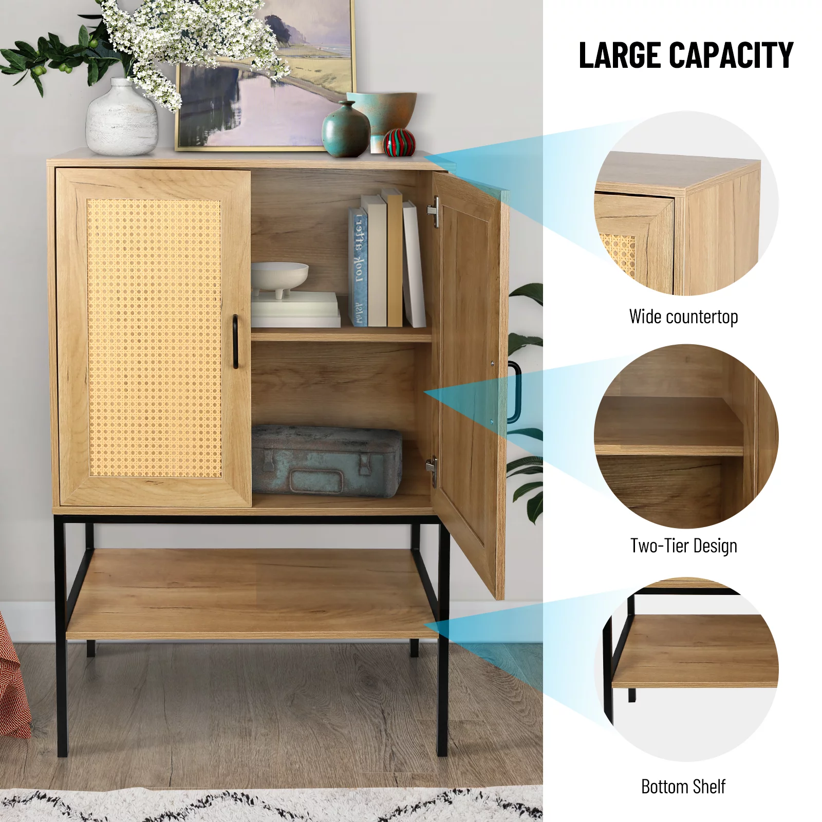 Dcenta Elegant Cabinet with 2 Rattan Doors Bedroom Living Room Kitchen Cupboard Wooden Furniture with Bottom Shelf Easy Assembly Natural Color