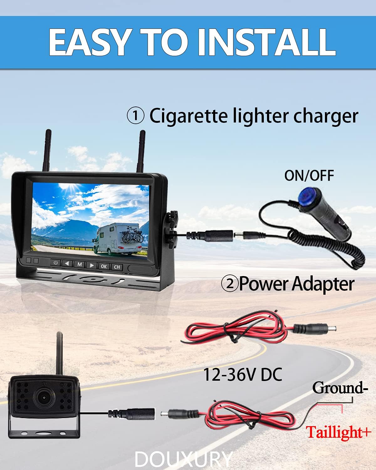 Wireless Backup Camera, DOUXURY IP69 Waterproof 170° Wide View Angle HD 1080P Backup Camera + HD LCD 7" Monitor