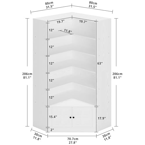 IRONCK 81" Corner Bookshelf with Door, 6 Tiers Lagre Bookshelves with Storage Rack, Tall Bookcase for Living Room Home Office, White