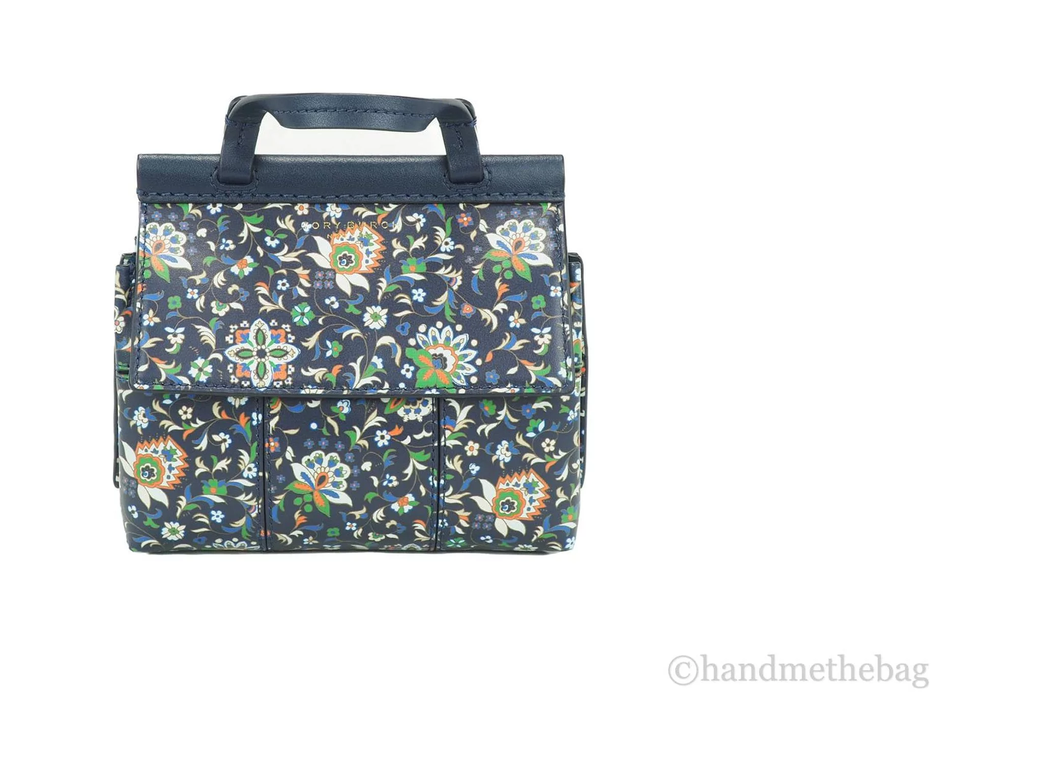 Tory Burch (66281) Block T Navy Floral Leather Mini Satchel Crossbody Handbag