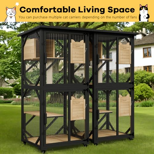 OFIKA Cat House Catio Outdoor Enclosure with Waterproof Roof,71'' cat House & Condos on Wheels for Outdoor Patio,Cat Window Box,Scratching Post（White）
