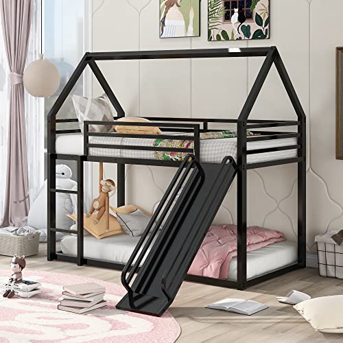 Kids Twin Over Twin Bunk Beds with Slide and Trundle, Solid Wood Bunk Bed Frame with Stairs and Storage