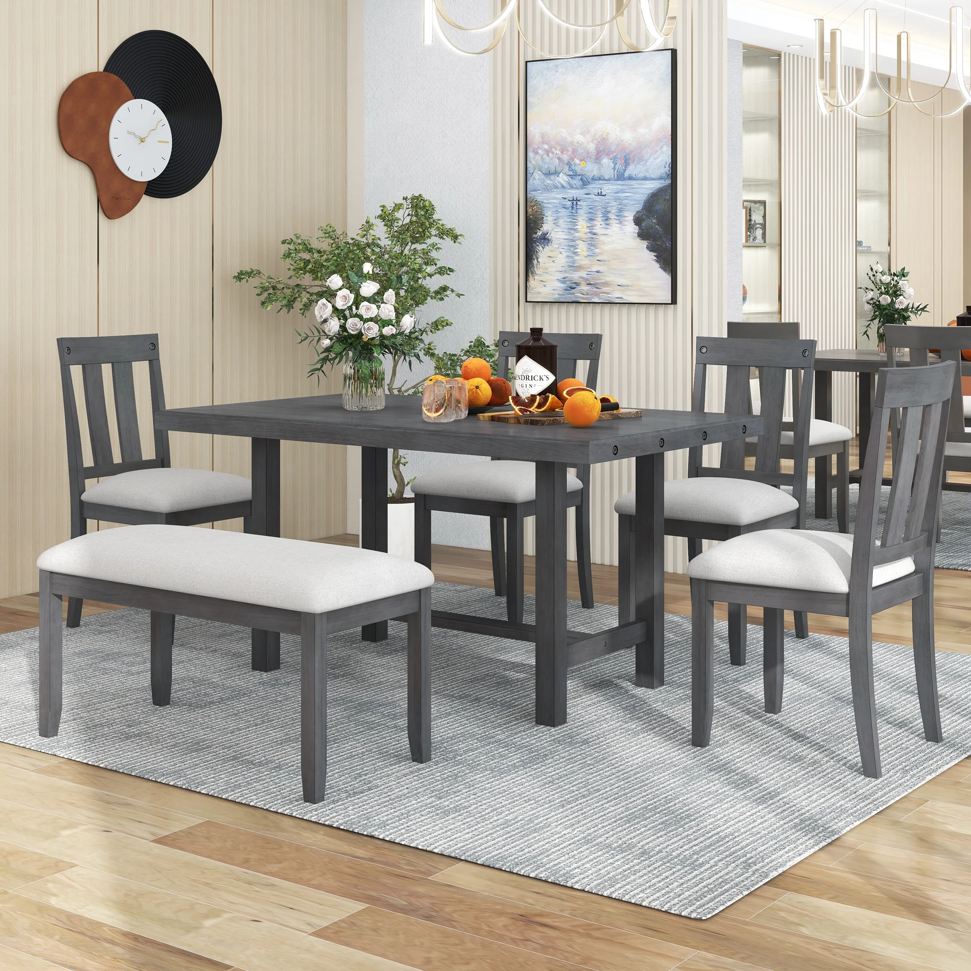 Churanty Rustic Farmhouse Dining Table Set for 7 Wooden Rectangular Table and 4 Upholstered Chairs & Bench for Dining Room,Gray