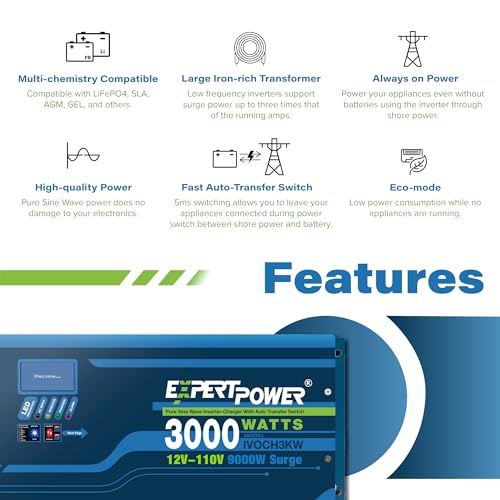 ExpertPower 3000W Pure Sine Wave Inverter Charger | Peak 9000W | DC 12V