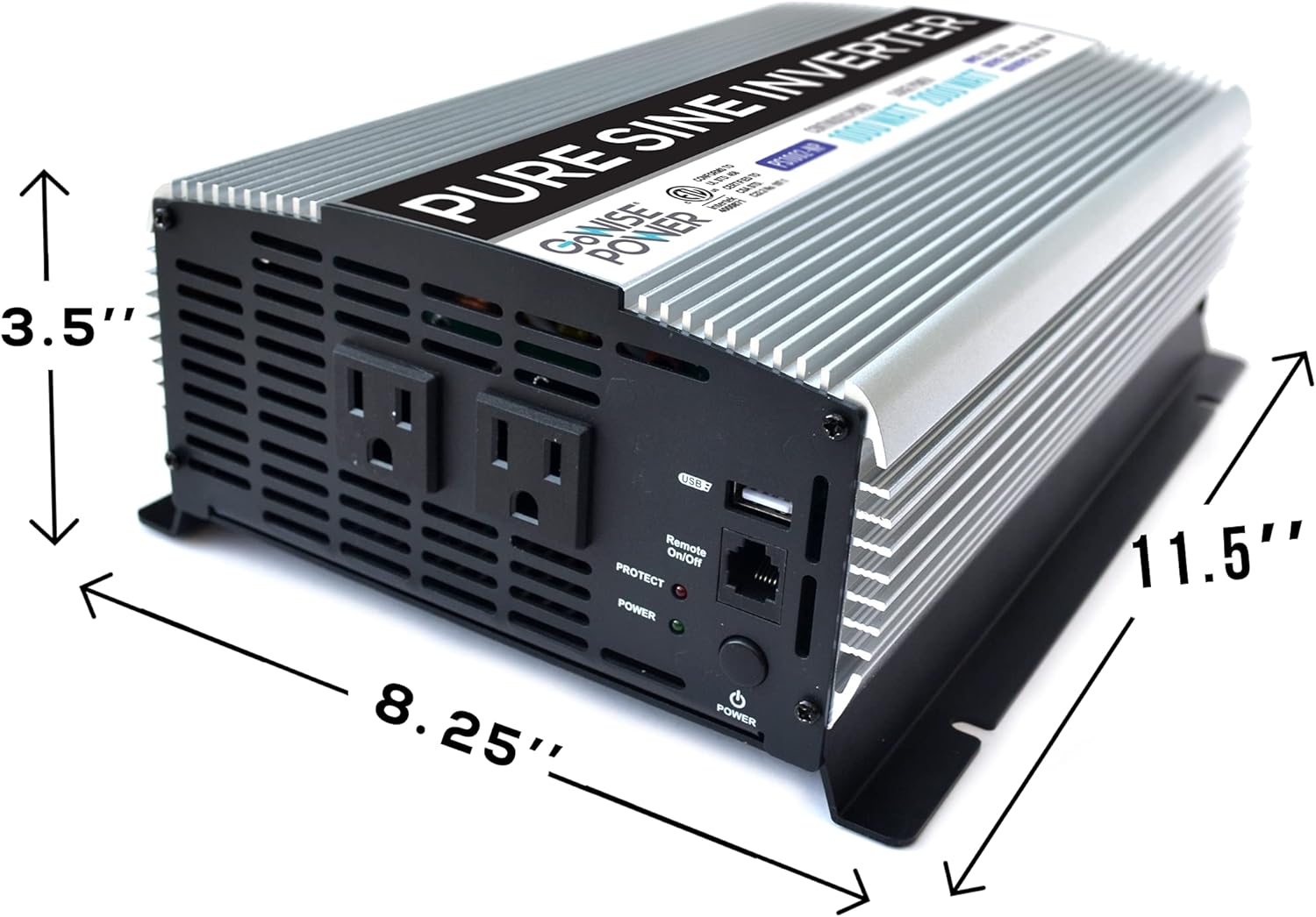 GoWISE Power 1000W Pure Sine Wave Inverter 12V DC to 120V AC with 2 AC Outlets + 1 5V USB Port, 2 Battery Cables