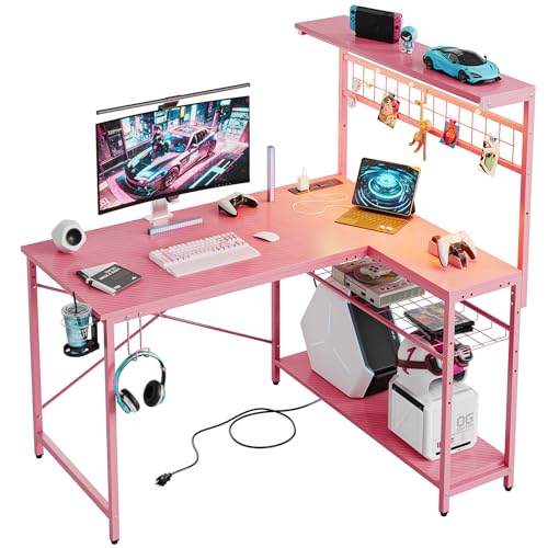 Bestier 42 L Gaming Desk,Computer Desk with Power Outlets, LED Lights, Reversible Corner Desk with 4-Tier Shelves,Cup Holder & Hook Carbon Fiber Black