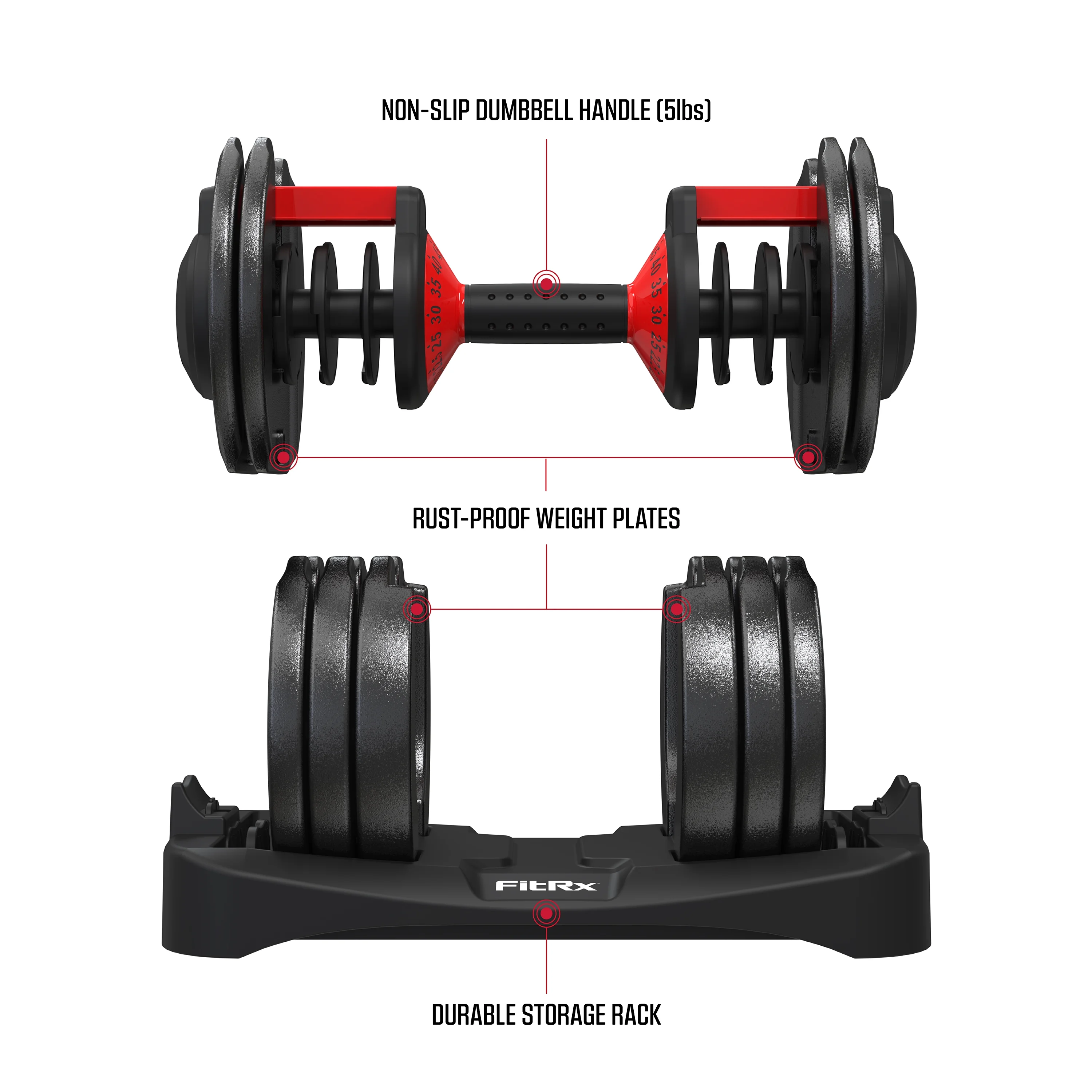 FitRx SmartBell XL, Quick-Select Adjustable Dumbbell, 10-90 lbs. Weight, Black, Single