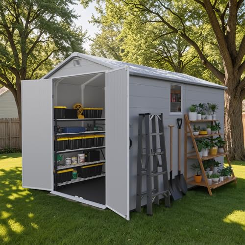 Patiowell 6 x 8 FT Plastic Outdoor Storage Shed with Floor, Resin Outside Tool Shed with Two Windows and Lockable Easy to Install, Door for Garden