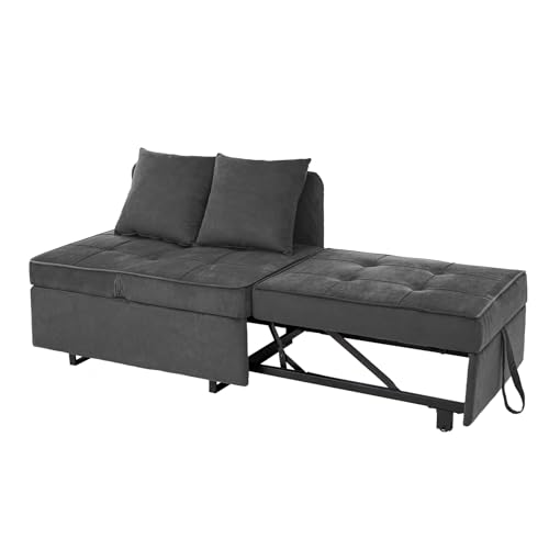Sofa Bed 4-in-1 Convertible Pull Out Couch, Velvet Love seat Couch Sleeper Chair Bed with 2 Throw Pillow