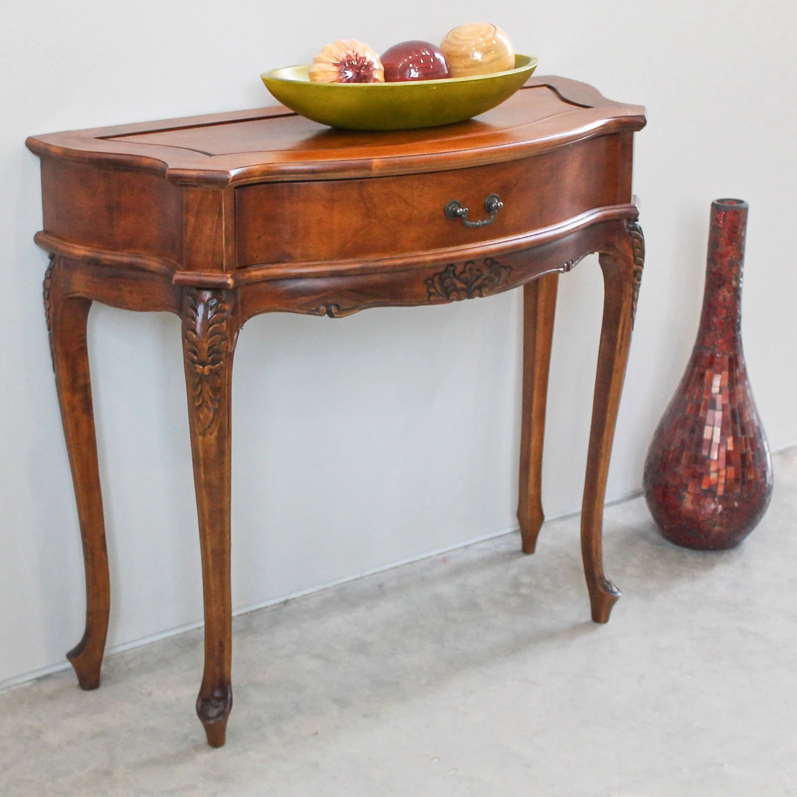 International Caravan Windsor Hand Carved Walnut Stain Wood Console Table with Drawer