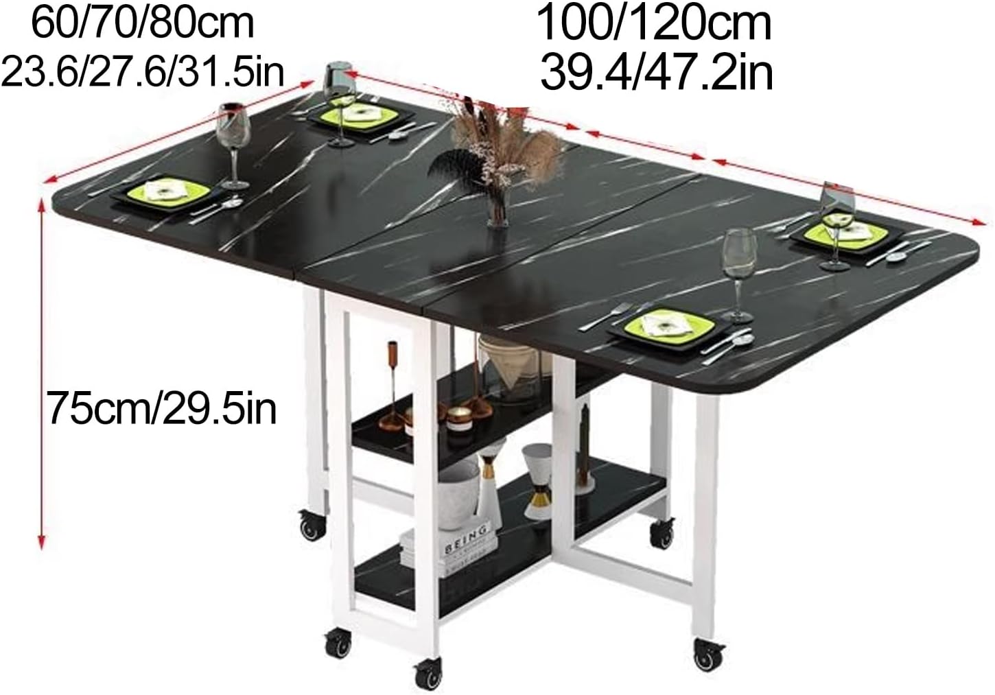 Drop Leaf Dining Table, Modern Folding Dining Table with 6 Wheels and 2-Layer Storage Racks, Space Saving Kitchen Table, Carbon Steel Bracket