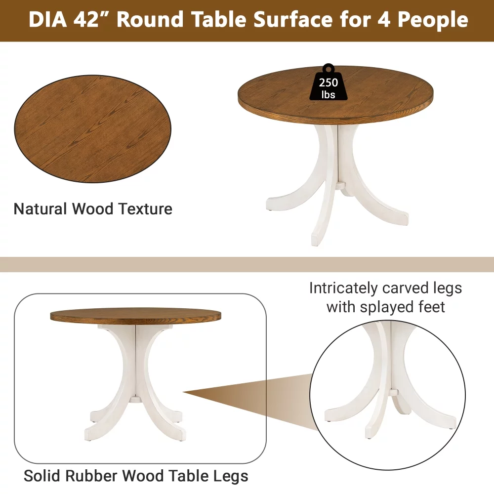 Dining Table Set for 4, Mid-Century Solid Wood 5-Piece Round Dining Room Table Set, Dining Table and Chairs Set for Small Places, Walnut+Beige
