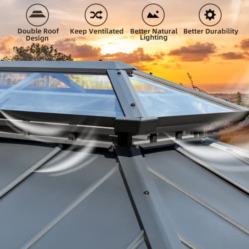 EROMMY 12'x20' Hardtop Gazebo Double Roof Galvanized Steel Canopy Outdoor Aluminum Frame Permanent Metal Pavilion with Netting and Curtains for Patio