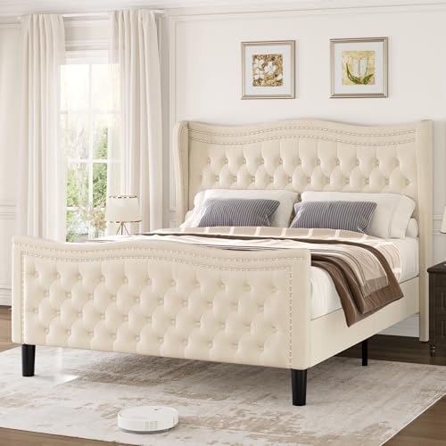 Queen Bed Frame, 52"" Headboard Upholstered Bed with Tall Footbaord, Velvet Upholstered Deep Button Tufted Wingback Platform Bed