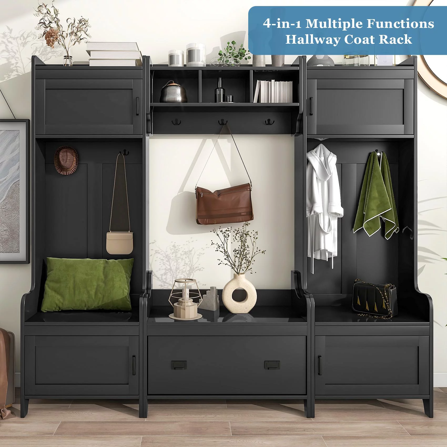 Hall Tree with Bench and Shoe Storage, 4 In 1 Entryway Bench with Coat Rack and 4 Cabinet, Mudroom Bench with 7 Double Hooks
