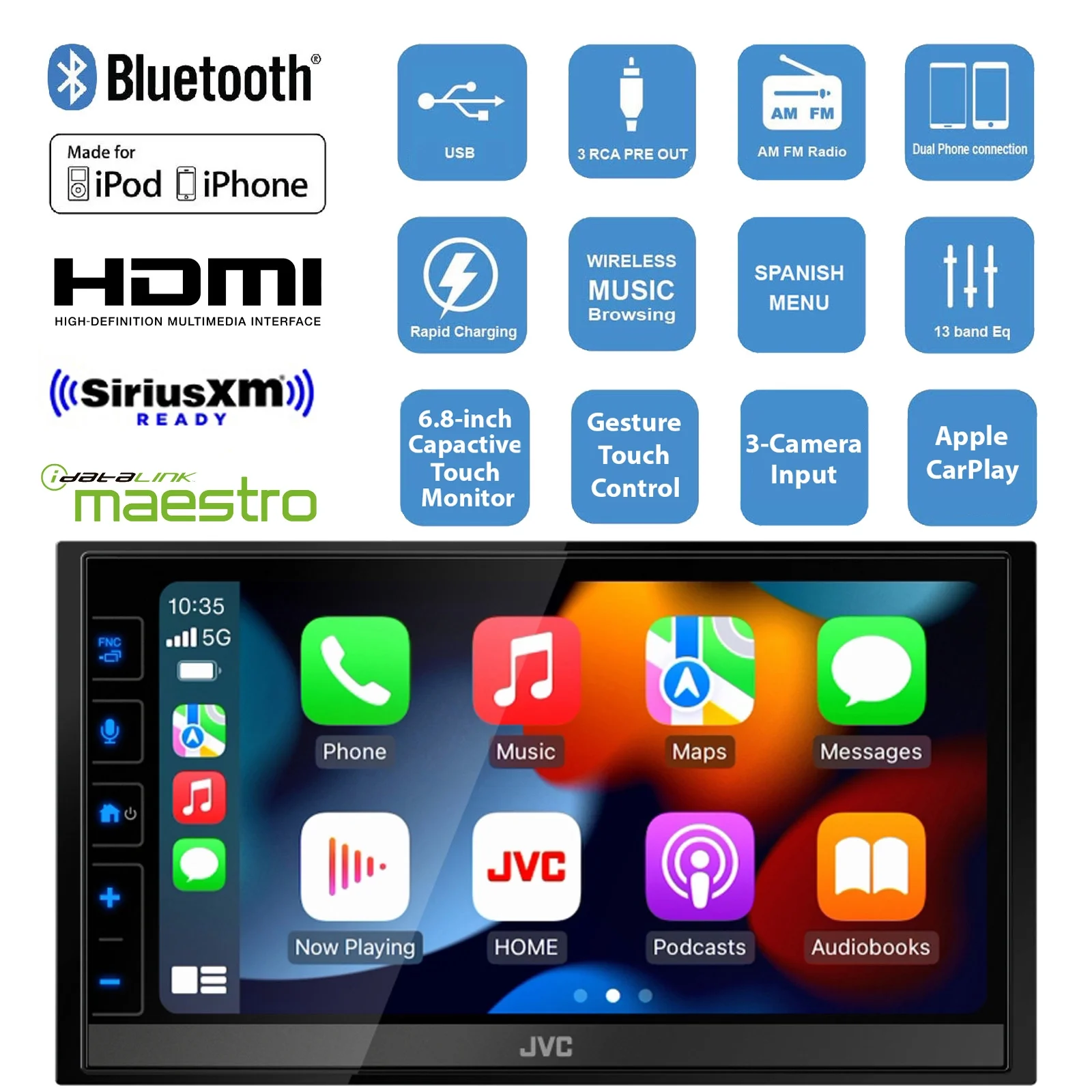JVC Double DIN In-Dash 6.8" Capacitive Touch Monitor HDMI USB Bluetooth AM/FM Radio Stereo Car Audio Receiver