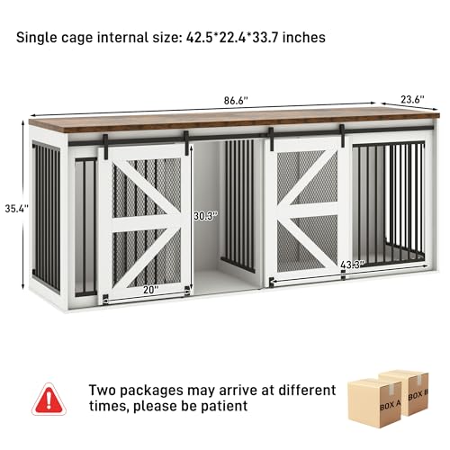 87In Farmhouse Dog Crate TV Stand, Wooden Dog Kennel Furniture with Sliding Metal Mesh Barn Door, Large Dog Crate Furniture for 2 Dogs