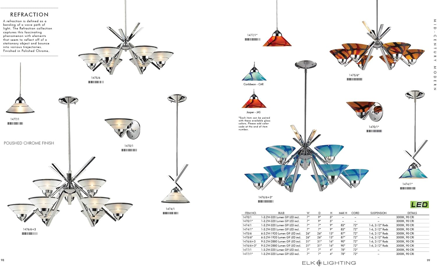 Elk 1477/3CAR 3 Polished Chrome and Caribbean Glass Pendant Light, 10W X 10D X 4H