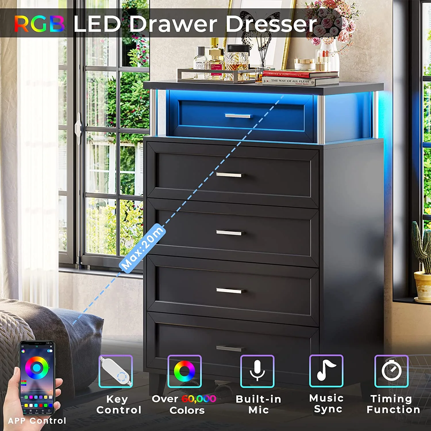 Black 5 Drawers Dresser with LED Light for Bedroom Living Room Closet,Large Capacity Storage Cabinet, Wood Dresser,Black