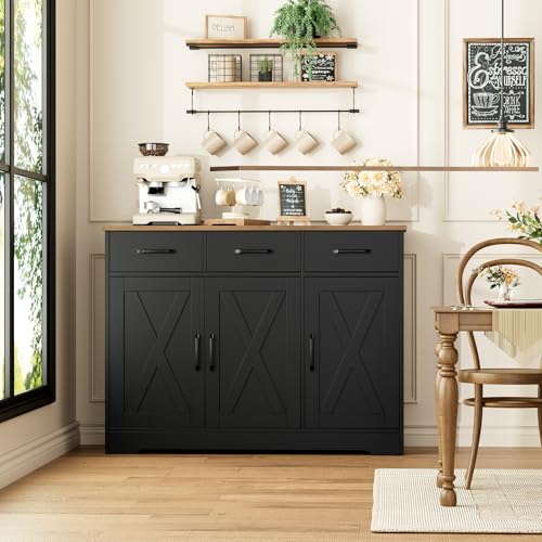 HOSTACK Modern Farmhouse Sideboard Buffet Cabinet, Barn Doors Buffet Storage Cabinet with Drawers and Shelves