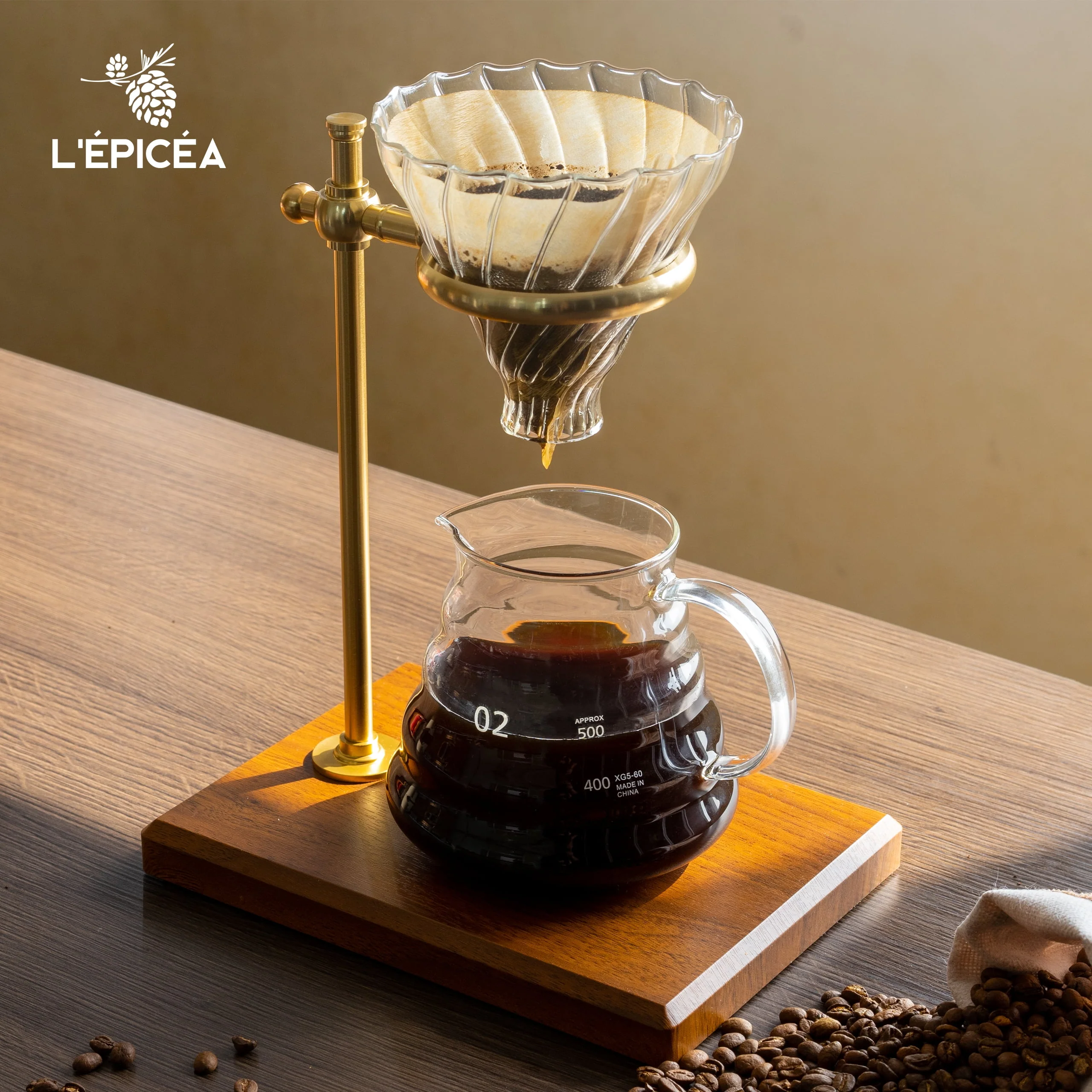 L'ÉPICÉA Pour over Coffee Maker Set,Stainless Steel Stand, Wooden Base, Glass Coffee Dripper
