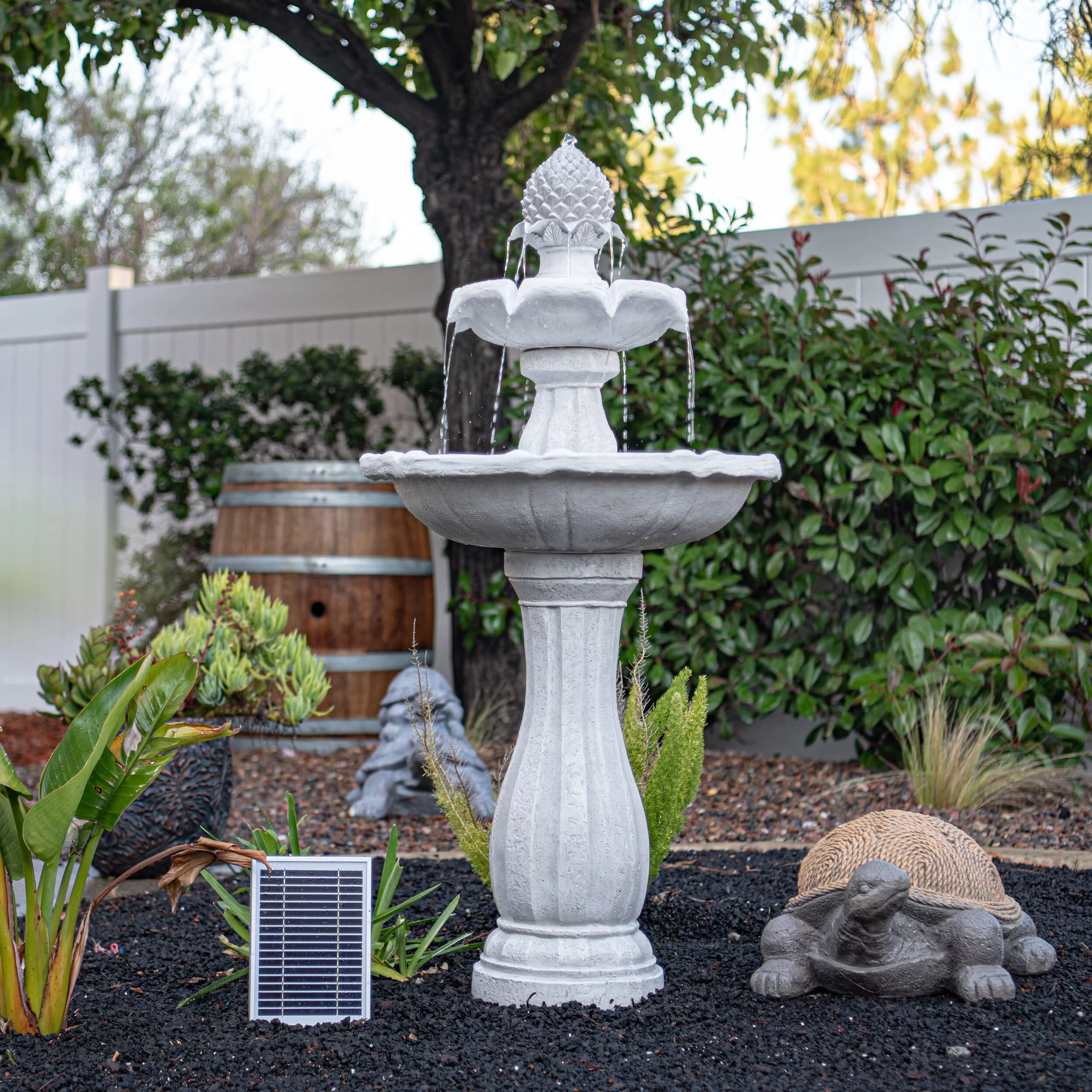 XBrand 44" H White Fiberglass/Resin 2-Tier Solar Water Fountain w/ Solar Panel and Auto-Shut Off Pump, Solar Garden Fountain, Tall Outdoor Fountain