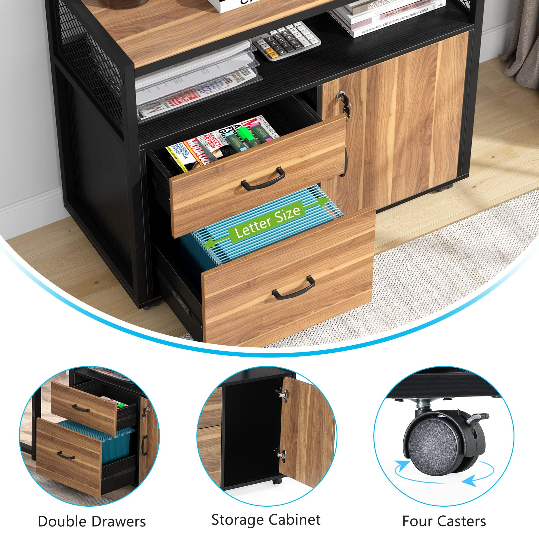 【Furniture】L Shaped Desk with Drawer Cabinet, 55" Executive Computer Desk and lateral File Cabinet