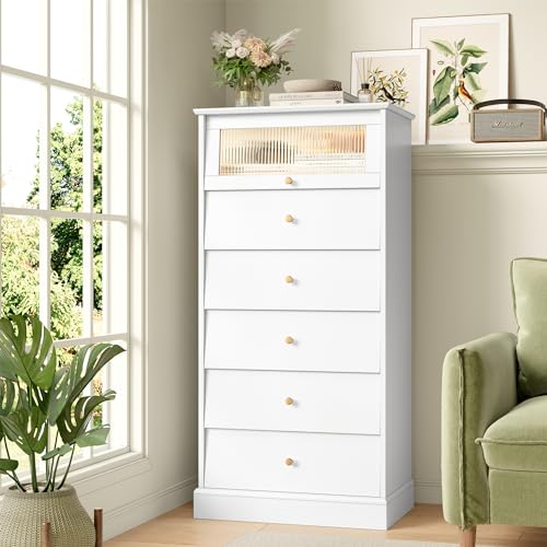 finetones 6 Drawer Dresser Black Dresser, 48.7'' Tall Black Dresser Chest of Drawers, Black and Gold Dresser with Glass Drawer