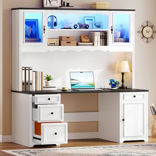 YITAHOME Executive Desk with Hutch and Drawers, Farmhouse Wood Computer Desk with Power Outlet & LED Lights, Home Office Desks with Storage Shelves