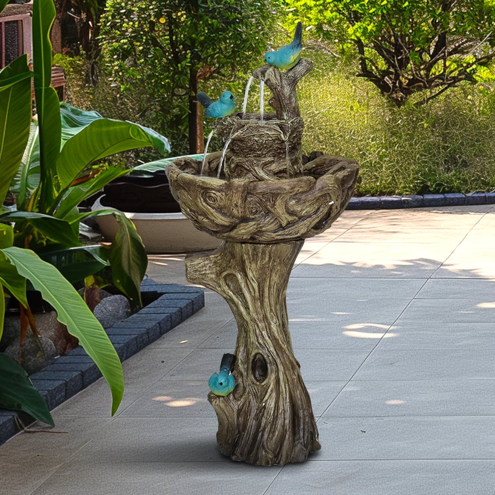 3-Tier Outdoor Water Fountain Bird Bath Patio Fountain Outdoor Stump Like Waterfall Fountain with Birds Decor Freestanding Patio Water Fountain Pump