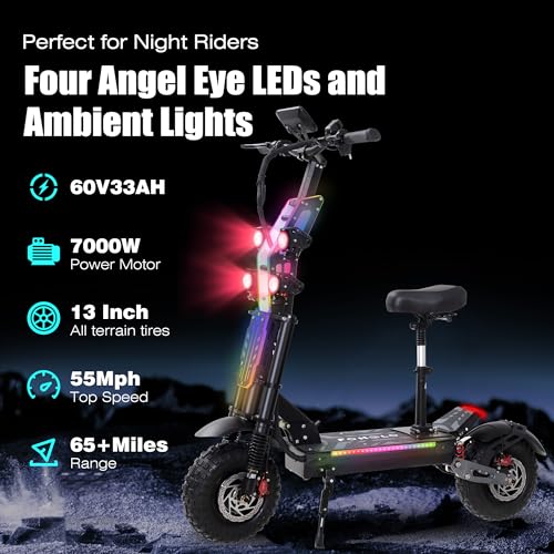 Electric Scooter Adult 7000W Brushless Motor Up to 55 MPH, 60V 33Ah Li-Ion Battery Range 65+ Miles, 13 "All Terrain Tires