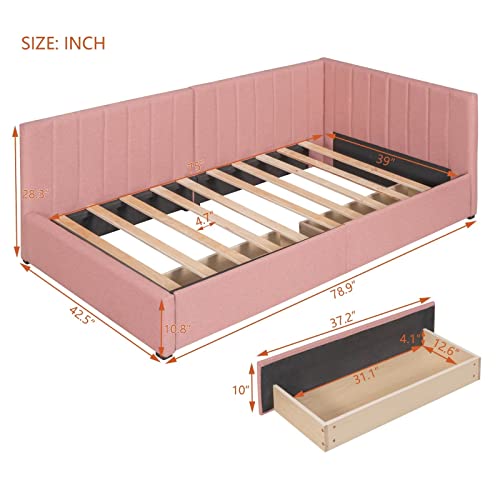 Upholstered Bed Frame with L-Shaped Headboard, Twin Size Daybed with 2 Storage Drawers and Solid Slats Support