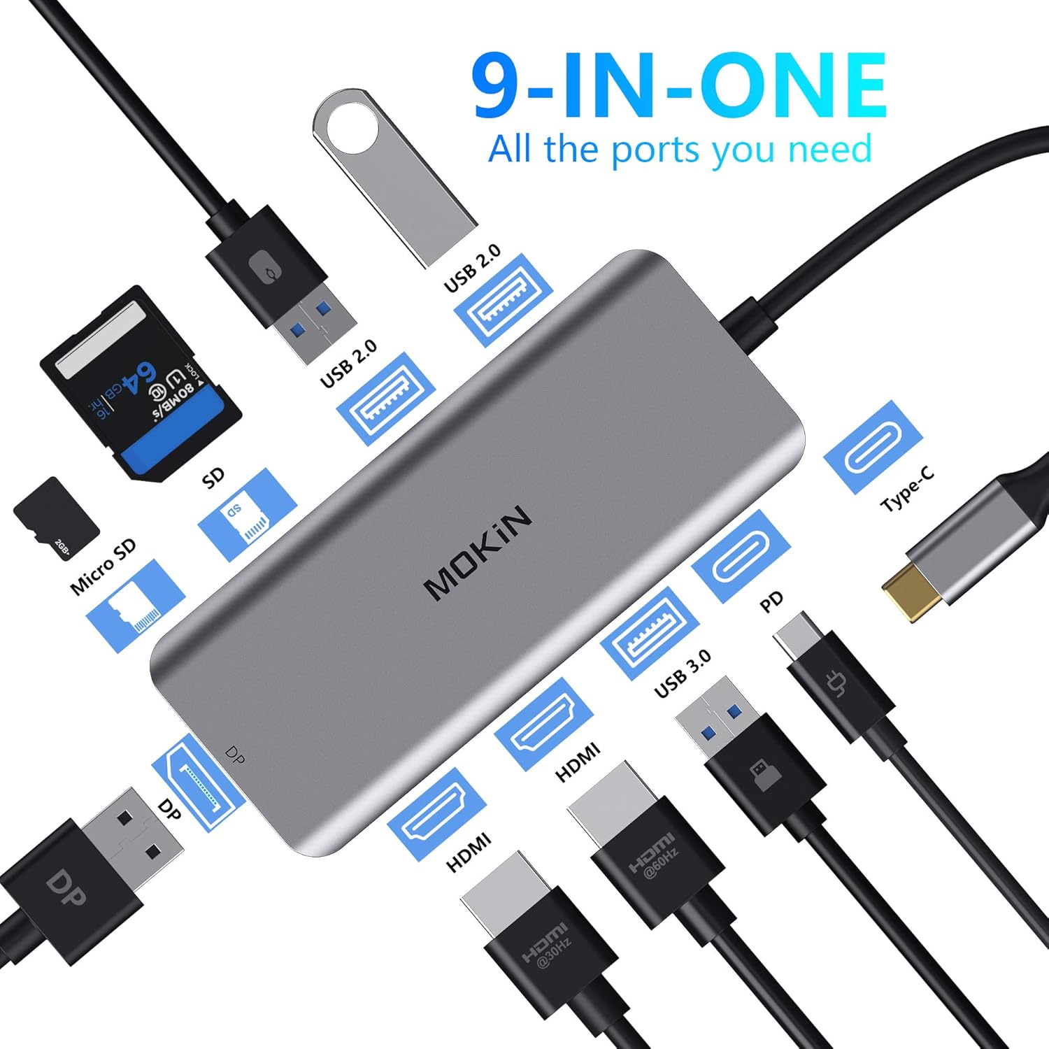 Docking Station, USB C Adapter Dual HDMI, 9 in 1 Triple Display Multiport Adapter Dongle with 2 HDMI 4K, DisplayPort, 3 USB, 100W PD