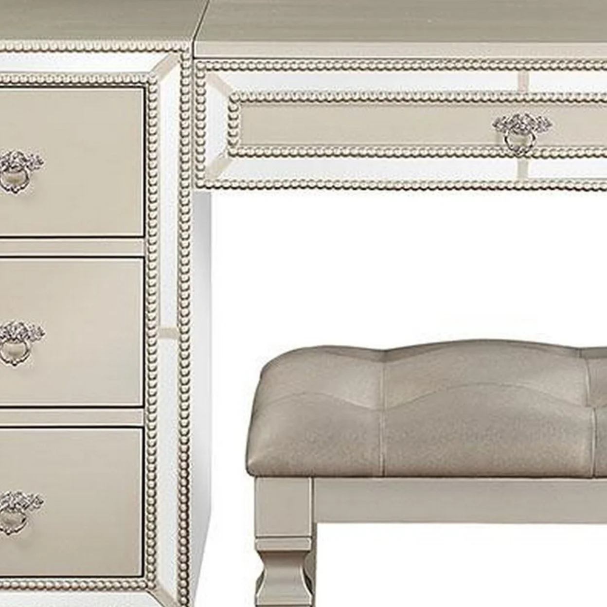 Sosi 47 Inch Vanity Desk Set Padded Stool Mirror Inlaid Drawers Silver