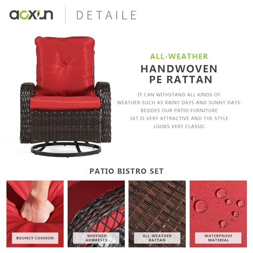 Aoxun 3 Pieces Patio Furniture Set, Patio Swivel Rocker Chairs Set of 2, Wicker Outdoor Bistro Set with Rocking Chair