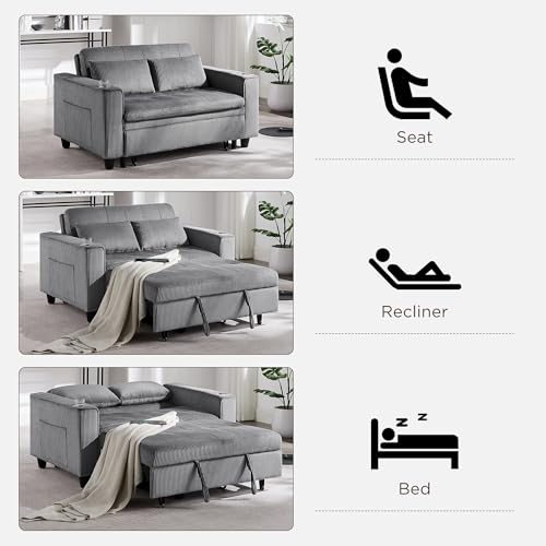 OKD 3 in 1 Convertible Sleeper Sofa Bed, Corduroy Pull Out Futon Couch with Charging Station & Cup Holder