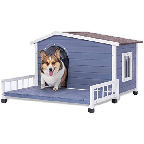 Outdoor Wooden Dog House,Waterproof Kennel with Deck and Sloped Roof,High Stability Pet Dog Cage for Small/Medium Puppy
