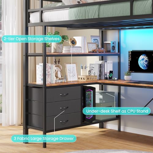 DICTAC Loft Bed Full Size with L-Shaped Desk and Charging Station Full Metal Bed Frame with LED Lights,Open Shelves and 3 Fabric Storage Drawers