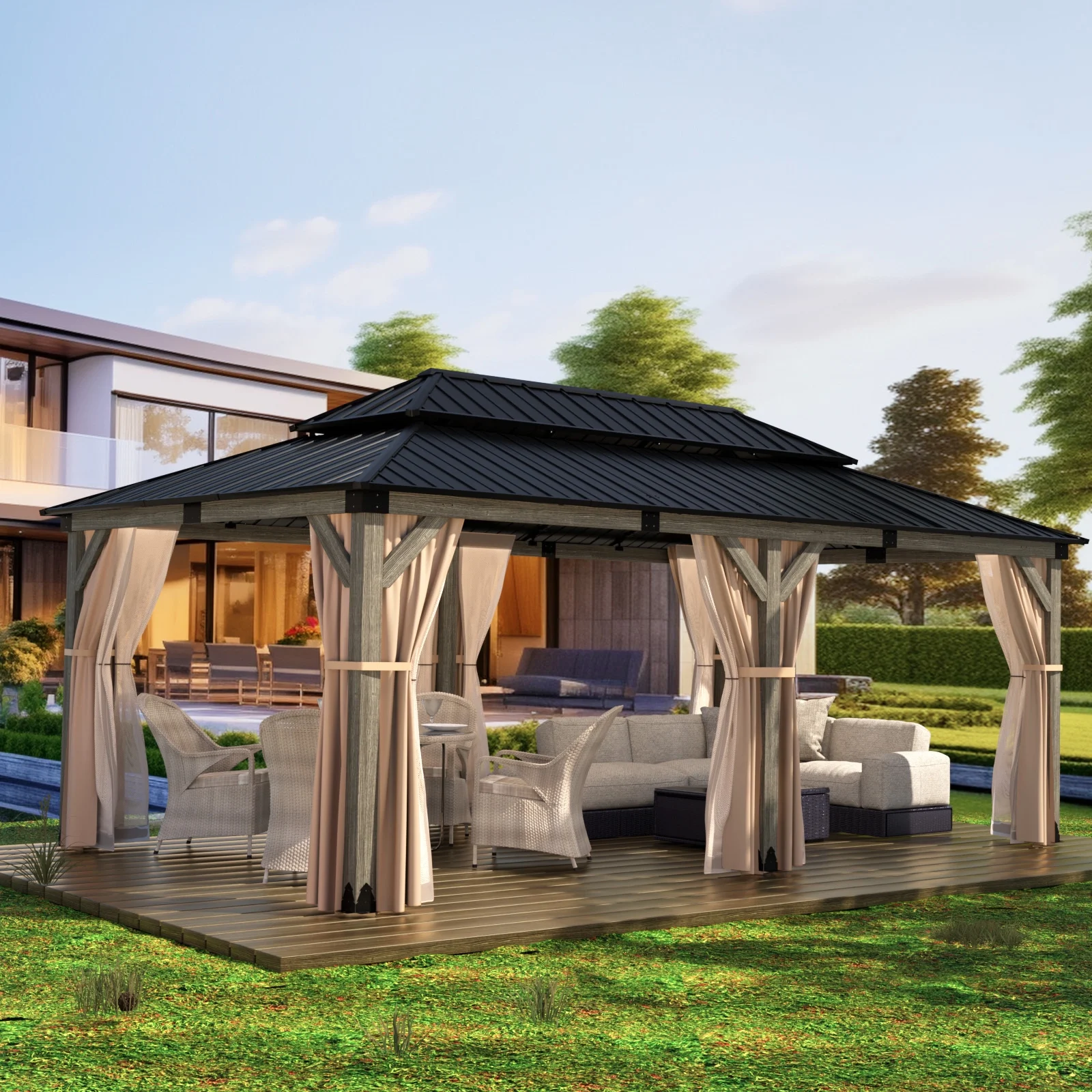 COSIEST 12x20FT Cedar Wood Gazebo, Outdoor Wooden Pergola with 2-Tier Galvanized Steel Roof, Netting & Curtains