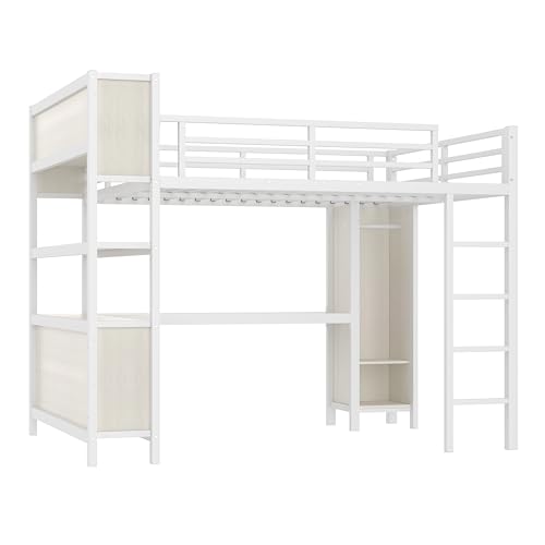 Queen Size Modern Metal Loft Bed with Wardrobe and L-Shaped Desk,Storage Cubes and Shelves,for Kids Teens Adults Bedroom Use (Black#h, Queen)