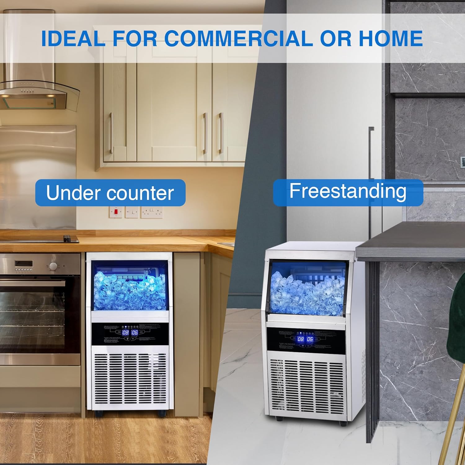 Ice Maker, Commercial Ice Maker Machine 120-130LBS/24H with 28LBS Storage Bin, Freestanding/Under Counter Ice Machine for Home/Party/Bar/Restaurant