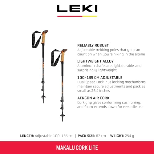 LEKI Makalu Cork Lite Aluminum Adjustable Lightweight Walking Poles for Trekking & Hiking