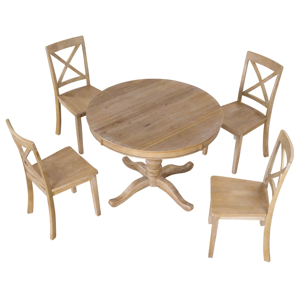 5-Piece Dining Table and Chairs Set for 4 Persons, Solid Wood Round Table with 4 Chairs for Apartment Kitchen Dining Room