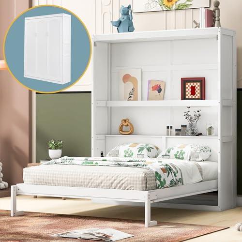 Queen Size Murphy Bed Wall Bed with Shelves, Modern Wall Bed with Shelves, Queen Size Wood Murphy Bed Cabinet Bed, Murphy Bed Chest Murphy Bed Frame