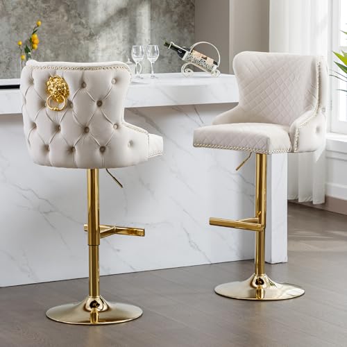 Velvet Barstools Set of 2, Counter Height Adjustable Swivel Barchairs with Golden Lion Head Ring