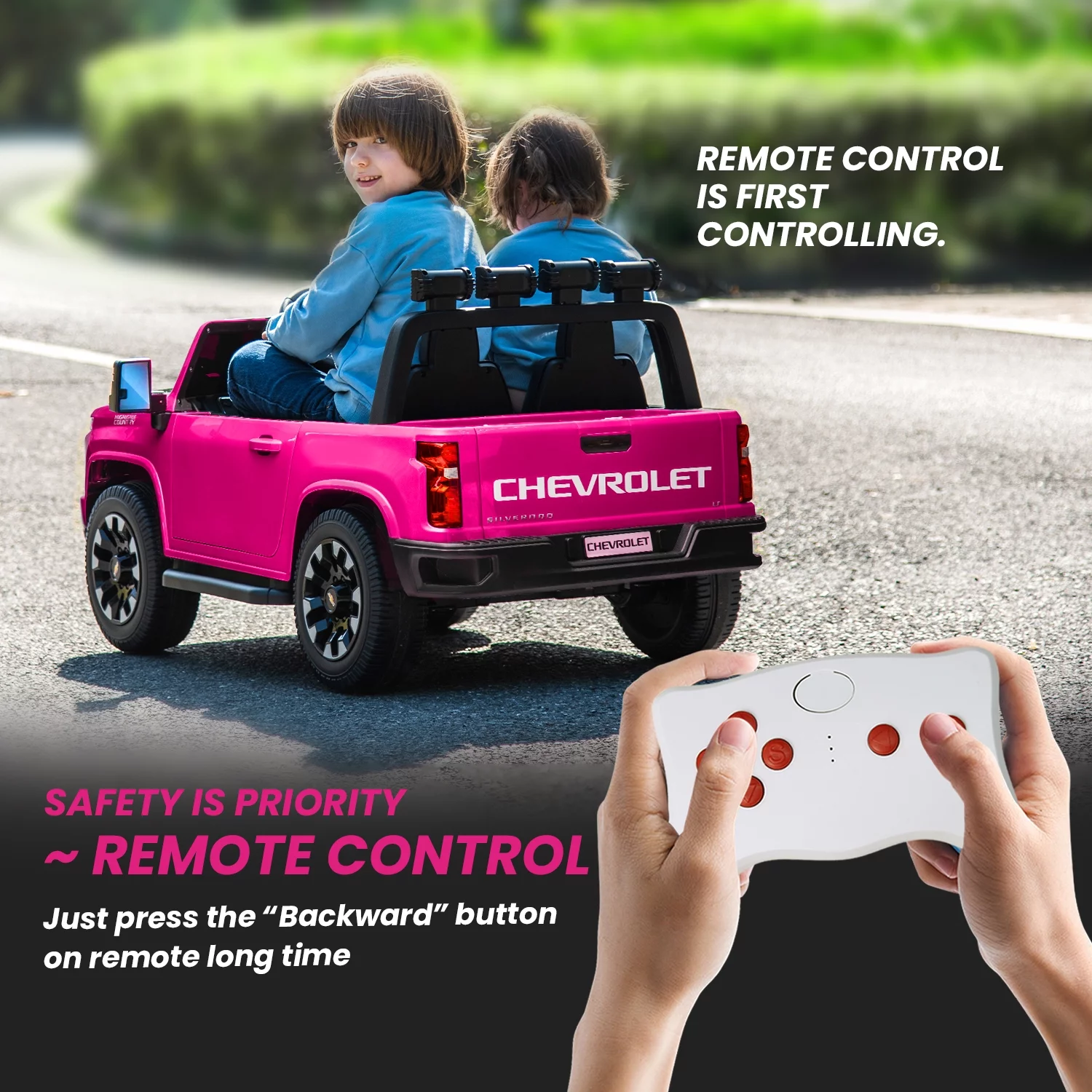 Track 7 24V Ride on Car, Licensed Silverado HD 2 Seater Electric Car for Boys Girls Age 3+, 24V Ride on Truck w/Remote Control, Music, ABC, Pink
