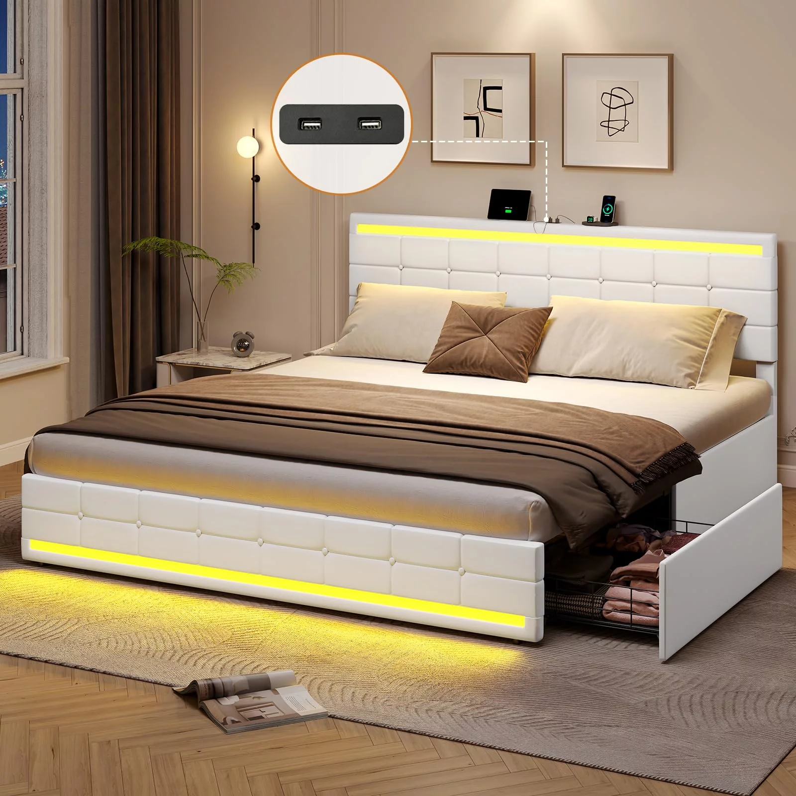 King Bed Frame with Storage Drawers, Platform Bed Frame with LED Lights and USB Port,Leather Upholstered Headboard,Wooden Slats,White