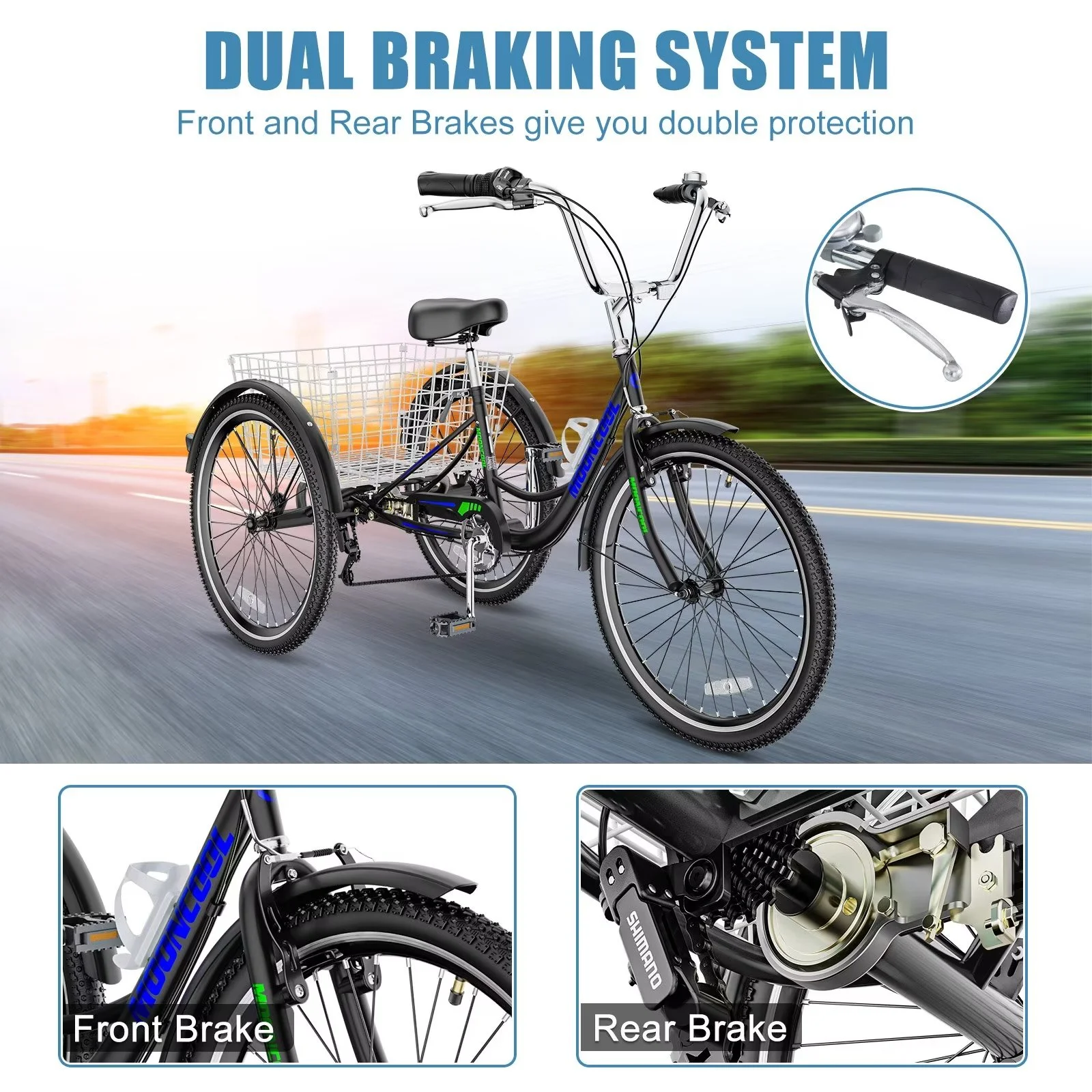 MOPHOTO 7 Speed Adult Tricycle 26 in/24in/20in, Trikes for Adults, Adult Tricycle with Basket & Dual Braking System, Adult Trikes for Women, Men