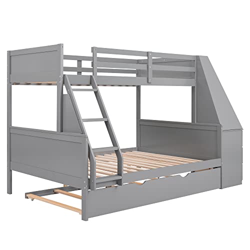 Twin Over Full Bunk Bed with Desk and Trundle, Wooden Bunk Beds Twin over Full Size with Storage Drawers and Shelf