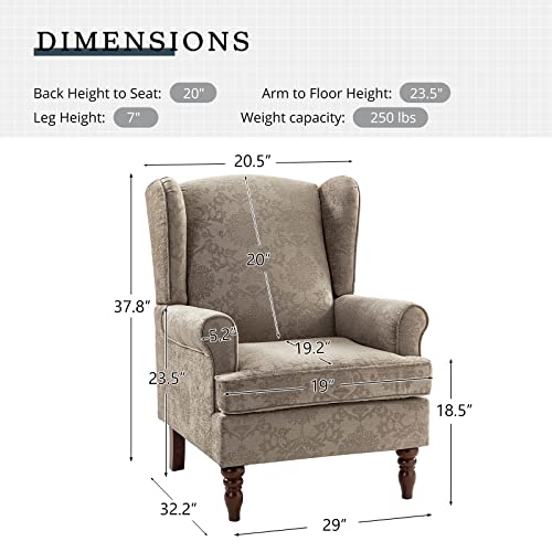 HULALA HOME Wingback Accent Chairs Set of 2 with Retro Wood Legs, Traditional Fabric Armchairs for Bedroom Living Room
